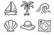 © Innovator587 - Doodle Ocean Icons. Ocean Escapes set of icons in doodle hand-drawn vector style. sailboat, palm tree, wave icon, seashell, sun hat, island map