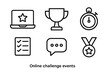 © Innovator587 - Online Challenge Icons. Online Challenge Events linear icon set. laptop, trophy, timer, checklist, chat bubble, medal