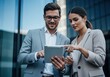 © Rohan - Business professionals reviewing digital tablet in front of modern office building