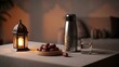 © Wave - Ramadan iftar table setting with dates, water, lantern, bottle.