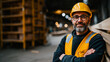 © Ed - portrait of a man in a yellow vest and hard hat in front of a wood processing factory's finished goods warehouse. Copy space about wood manufacture and production