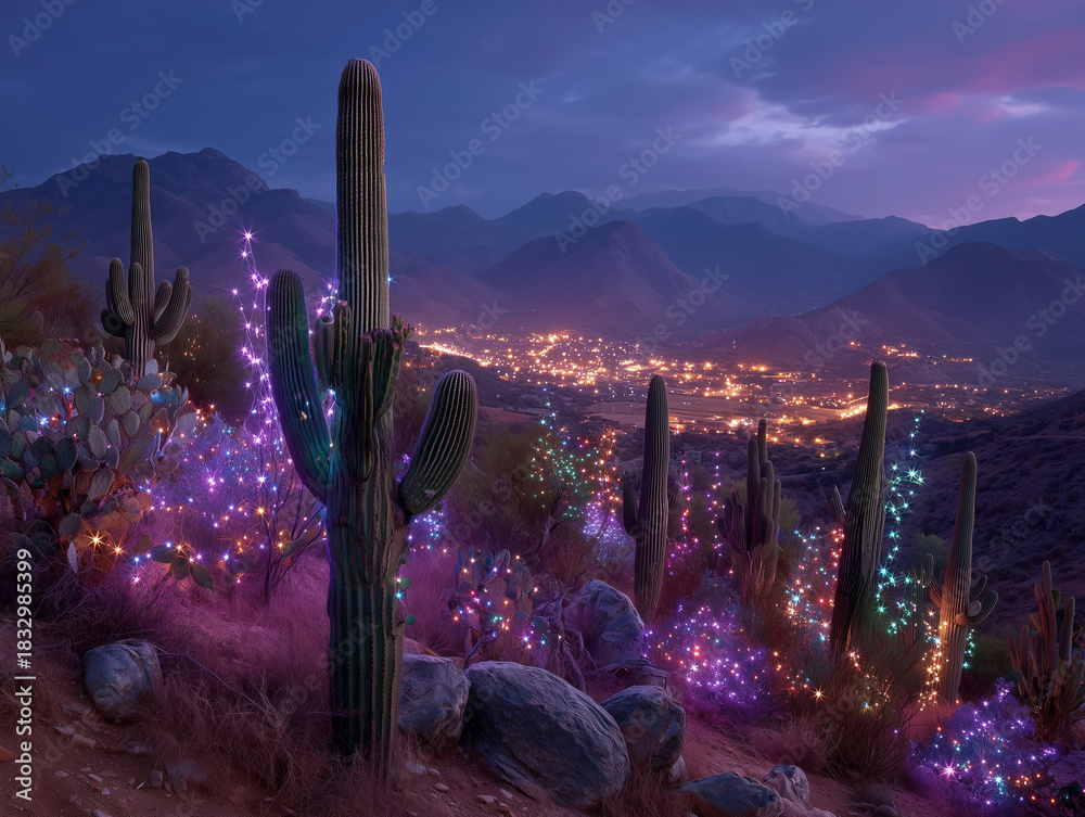 Saguaro cacti in desert landscape at night glow with xmas lights. A ...