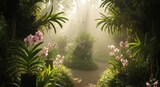 Misty orchid garden path, sunlight filtering through lush foliage