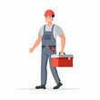 © Bima - Smiling construction worker carrying toolbox walks confidently on white background, ready to start the job with a positive and professional attitude.