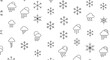 © Malcom - Minimalist seamless pattern of black line art weather icons, including rain clouds, sun, snowflakes, and lightning on a white background.