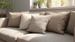 © Thiago - A comfortable sofa with pillows near the window, capturing a sense of relaxation and home living.