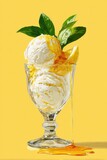 Delicious lemon ice cream dessert with fresh basil in a glass against yellow