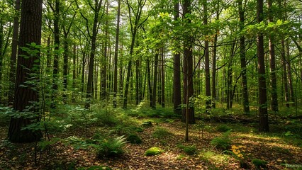 Naklejka na meble Lush green forest with dappled sunlight on the floor