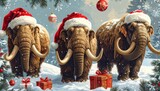 Three mammoths wearing Santa hats in a snowy winter landscape with Christmas gifts and ornaments.