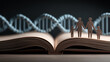© kaliel - A wooden family figure on an open book with DNA strands representing heritage, lineage knowledge and the connection between family identity and genetic history.