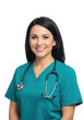 © noyon.me121 - Smiling female medical professional wearing teal scrubs and a stethoscope with dark hair isolated on transparent background