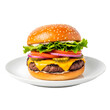 © EdiArtX - A cheeseburger with toppings on a white plate