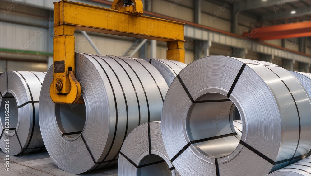 Close-up of rolled metal coils stacked in an industrial facility with an overhead crane. Highlights metal production, coil handling, storage, and transportation in heavy industry