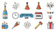 © Makhoa - Vector illustration of happy new year 2026 party icons, celebration and festive season symbols for