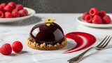 Elegant Raspberry Dome Dessert with Gold Leaf and Sugar Dusting, Gourmet Pastry Presentation