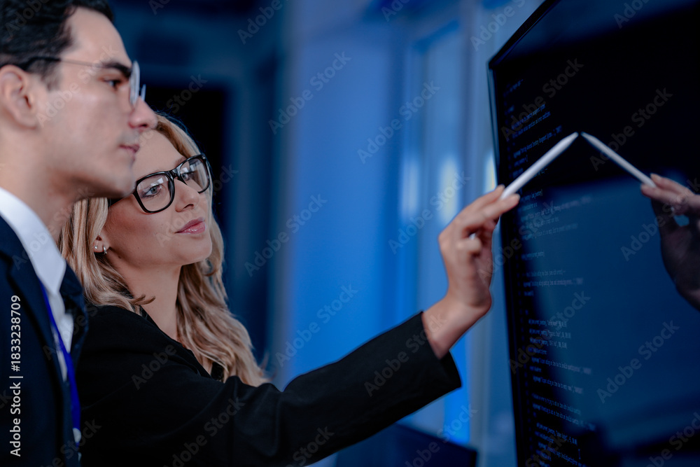 Intense Code Examples Intense code walkthrough. A female developer uses a stylus pointing to ...