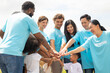 © NVB Stocker - volunteer Community unity through diverse hands coming together. volunteer charity people. charity community service event, ngo business and outreach, Group Diverse people meeting at park for donation