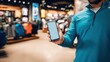 © Olga - Male shopper in a modern sporting goods store, holding smartphone with blank screen, surrounded by colorful athletic apparel and gear displays