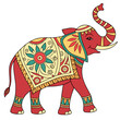 © Phaimanee - A colorful, stylized illustration of a decorated Indian elephant. The elephant is red with intricate traditional patterns in yellow, teal, and orange on its blanket, head, and legs. It walks.
