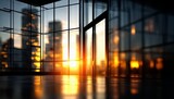 Large window in a building with a city view. The sun is setting and the light is reflecting off the glass