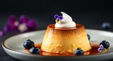 Crème caramel dessert with caramel glaze and blueberries on a plate, artfully