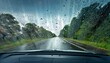 © Amy - car windshield with rain droplets and blurred scenery outside
