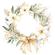 © amar - Watercolor style of a Christmas wreath made of ivory flowers and golden ribbons in a cute cartoon style nursery kids illustration isolated on a white