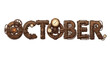 © Satya - The word October in a mechanical steampunk font featuring intricate bronze cogs pipes and pressure gauges.
