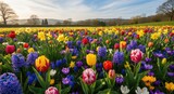 A vibrant field of colorful tulips and hyacinths with a backdrop of rolling hills and trees.