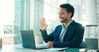 © peopleimages.com - Laptop, businessman or wave in office for video call, introduction or greeting for virtual meeting. Online training, digital workshop or happy speaker with tech for discussion, education or webinar