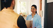 © peopleimages.com - Happy woman, delivery and door with box for shipping, online order or customer service in home. Female person, client or courier guy with package, parcel or cargo for house entrance or logistics