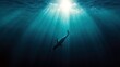 © DEE - A whale swims upward towards the sunlight filtering through the ocean surface, creating a dramatic and serene underwater scene.