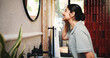 © peopleimages.com - Happy woman, mirror or brushing teeth with toothbrush in bathroom for dental hygiene in home. Female person, cleaning or grooming with smile or morning routine for fresh breath, oral or gum care