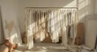 © Softitry - Elegant minimalist clothing rack with linen garments in sunlit studio space creates a calming aesthetic for fashion and lifestyle branding projects today