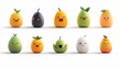 © aqeela - Ten adorable fruit characters with different expressions are arranged on a white background. Each fruit has a cute face and a small green leaf.