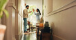 © peopleimages.com - Frustrated couple, hallway or home with argument, fight or conflict for disagreement or breakup. Angry, man and woman shouting with dispute for toxic relationship, cheating affair or divorce in house