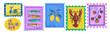 © klyaksun - Amalfi summer stamps with colorful Italy postcard borders and vintage frames. Scooter and sardines, lemons and lobster, tomatoes on vibrant backgrounds for Mediterranean travel or coastal cuisine card