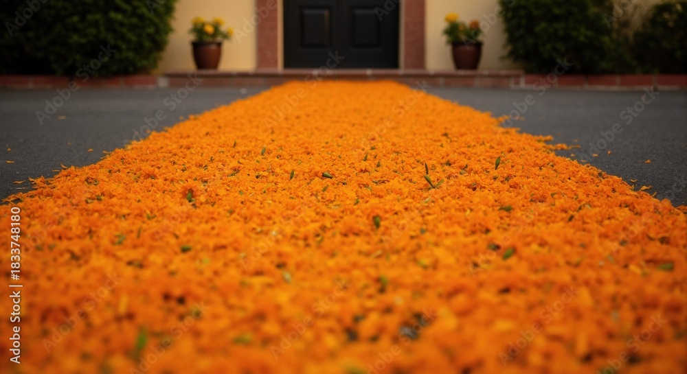 Path of orange marigold petals for Dia de los Muertos. Traditional ...
