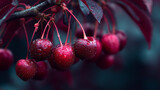 A vibrant macro shot of fresh red cherries covered in water droplets, showcasing glossy skin, rich color, and juicy texture with shallow depth of field and natural lighting.