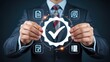 © Media Srock - Business professional manipulates digital interface showing quality control process centered around a large checkmark gear