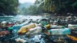 © mila103 - Plastic bottles and other waste float on the surface of a river reflecting the surrounding lush trees and a cloudy sky. Environmental pollution is evident in this tranquil setting.