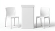 © JB - Minimalist white podium and chairs setup on a clean white background for presentations. A modern, empty presentation space featuring a sleek white podium flanked by two identical white chairs.