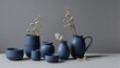 © Alex Chandra Hanif - A still life composition of various blue ceramic vases with dried floral arrangements