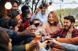 © Lomb - Diverse friends celebrating together at dinner party outdoors with happy toasting moments