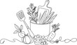 © grafyloft - Single line drawing of kitchen utensils and fresh vegetables in a pot cooking food