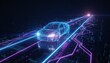 © olga_demina - Autonomous car in a futuristic wireframe design driving along a glowing digital road, representing advanced technology, ai innovation, and the future of transportation