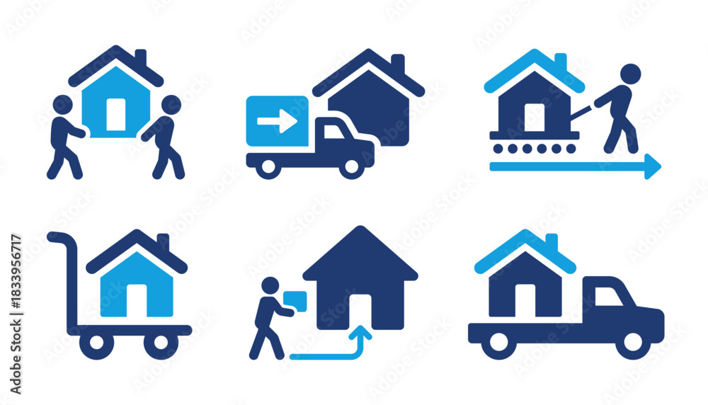 Moving house and relocation icon set, house transport and home delivery ...
