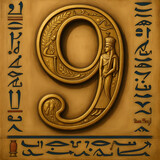 Golden carved number nine with Egyptian hieroglyphs on background  
