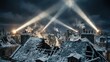 © Rhallyson - Intense searchlight beams cut through the ominous night sky above a desolate old city's rooftops