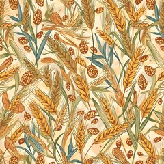 Naklejka na meble Autumn Wheat and Pinecones Seamless Pattern